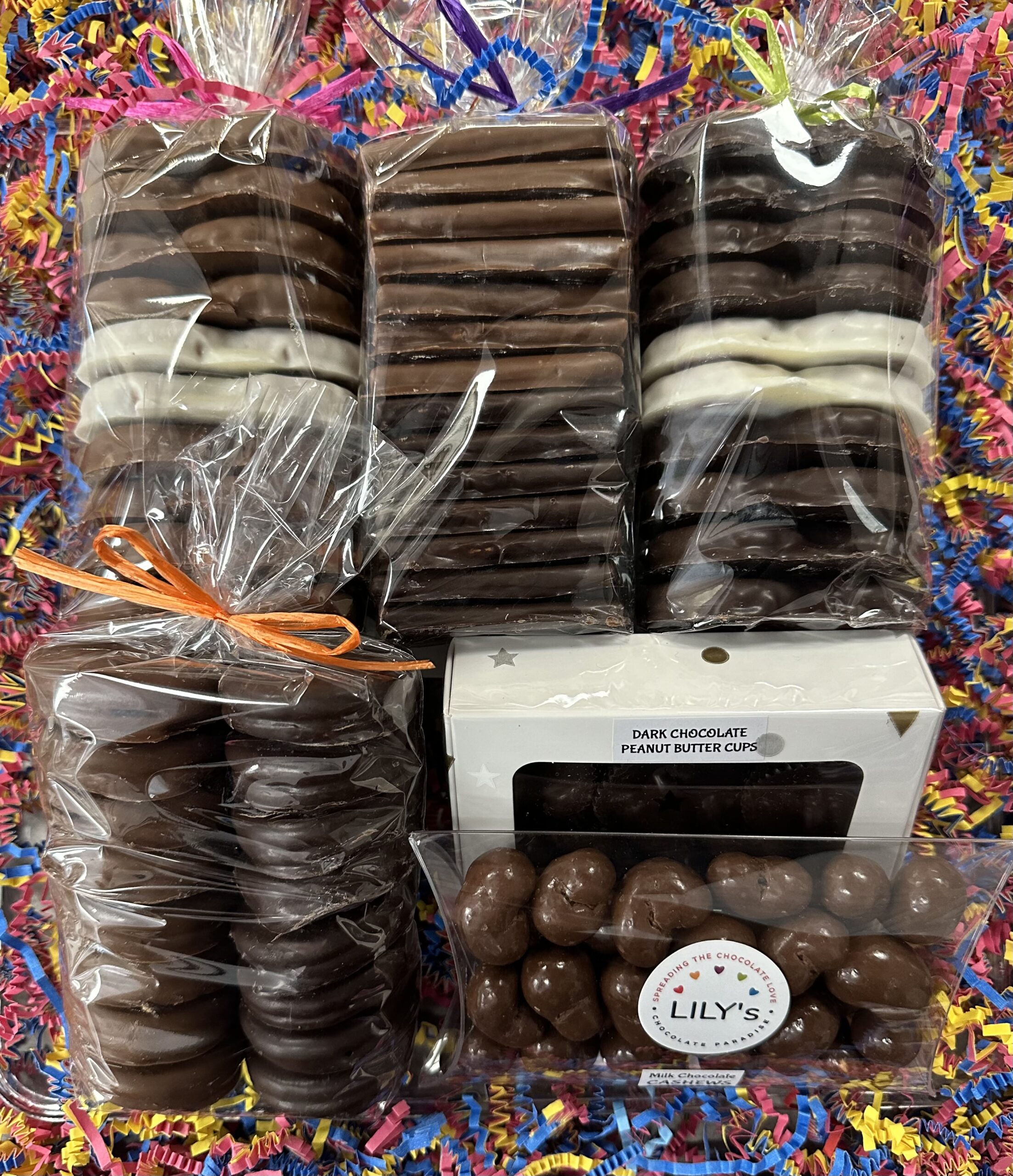 Favorites Chocolate Love Gift Tray (F) $65.  
Includes Pretzels, Oreos, Graham Crackers, Peanut Butter Cups and Milk Chocolate Cashews