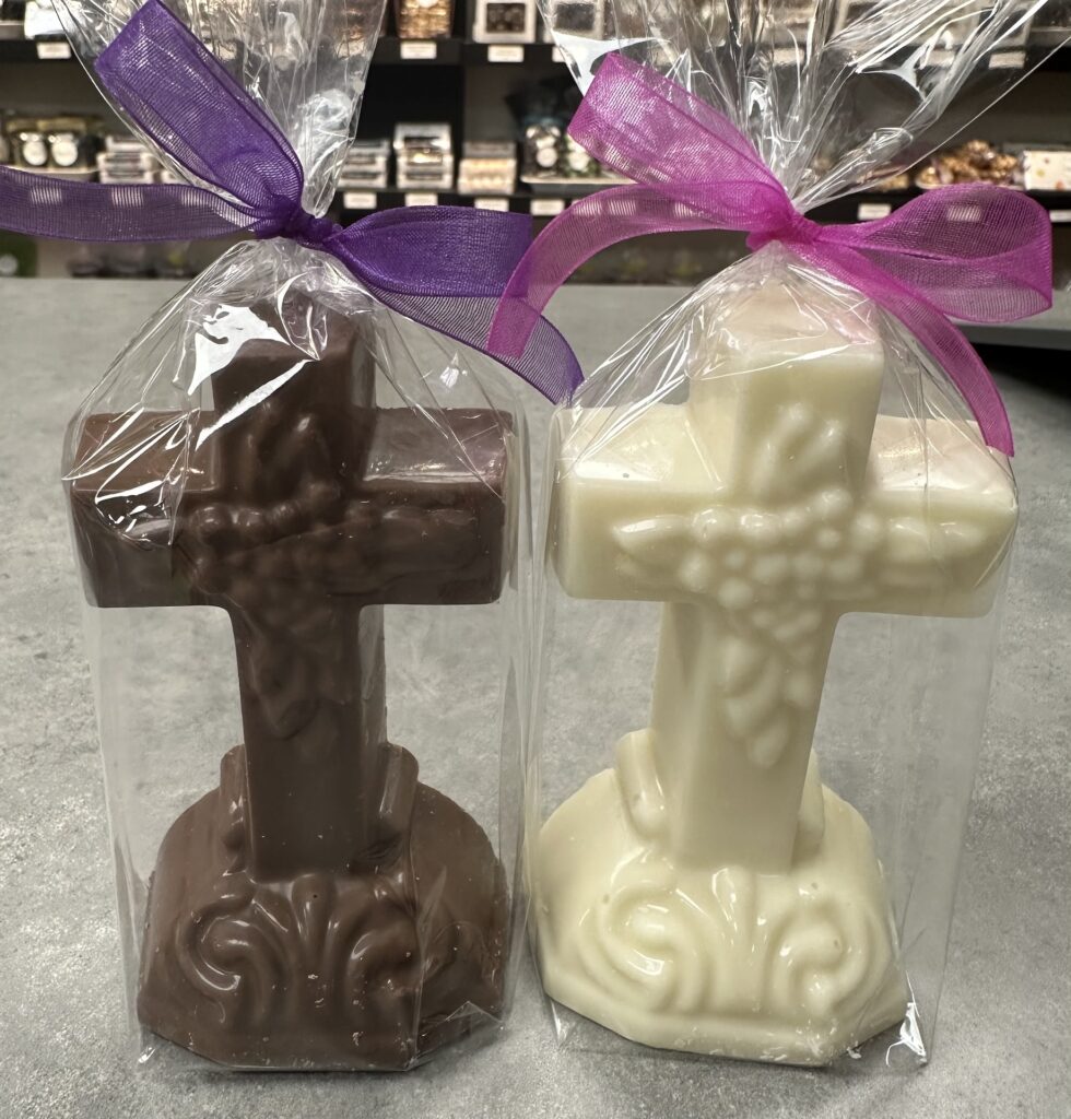 Solid chocolate Cross, Milk or White Chocolate. $7 ea.