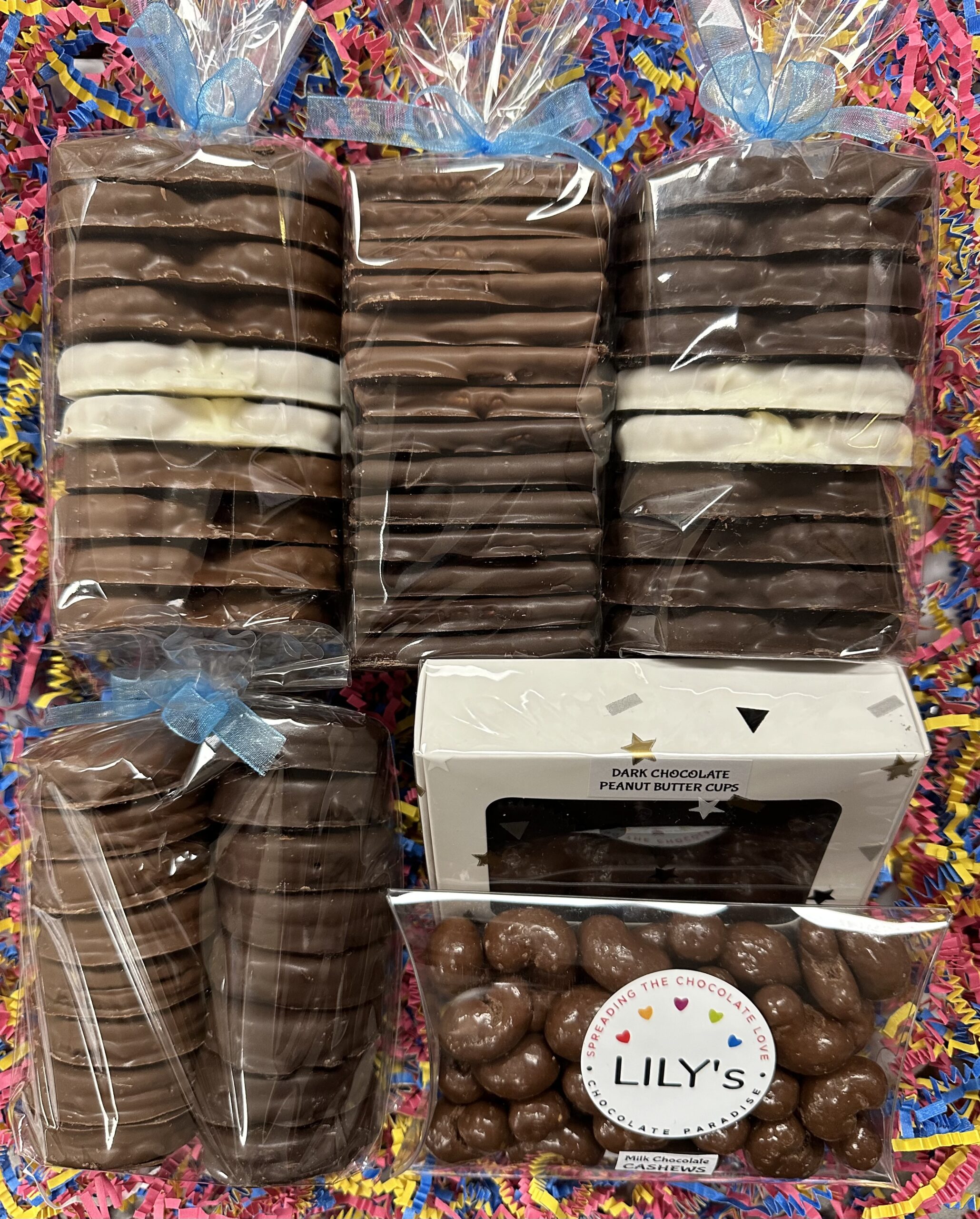 Favorites Chocolate Love Gift Tray (F) $65.   Includes Pretzels, Oreos, Graham Crackers, Peanut Butter Cups and Milk Chocolate Cashews
