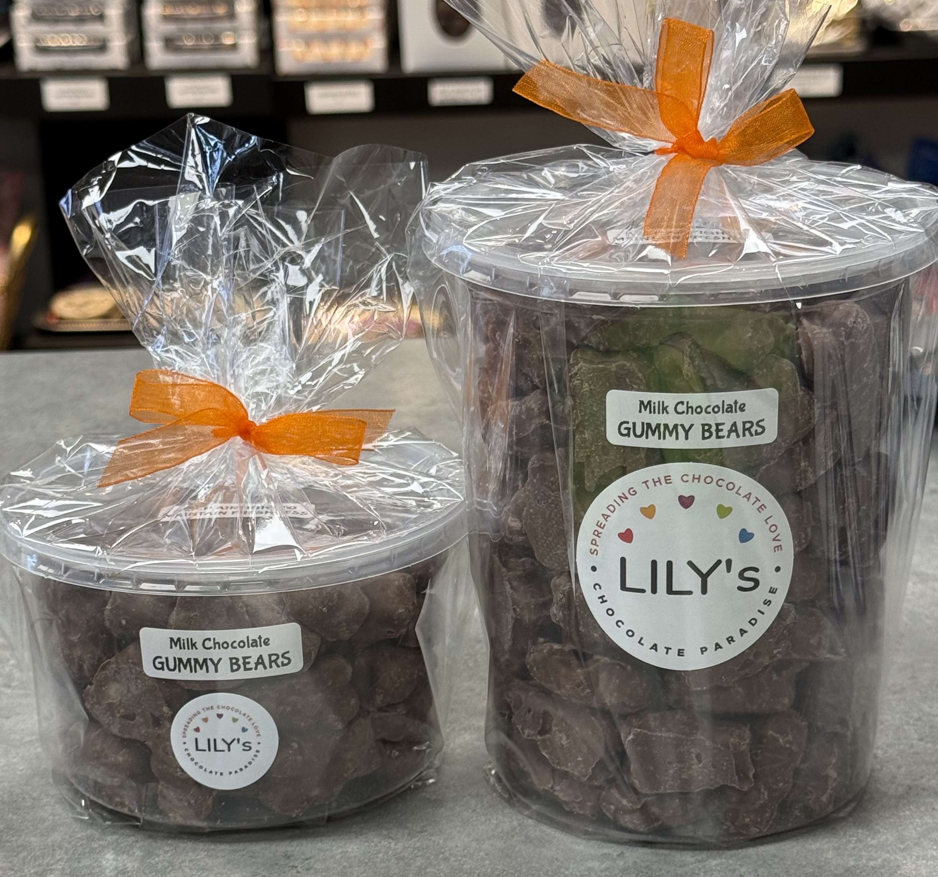 Milk Chocolate-covered Gummy Bears. $10 pint, $20 quart