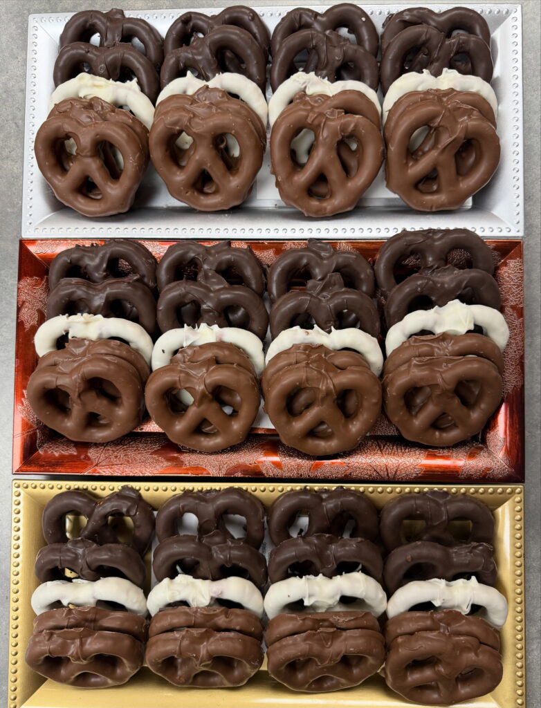 Small Pretzel Tray (DD) $24. Includes 20 chocolate-covered Pretzels in Milk, Dark and White Chocolate (or custom).