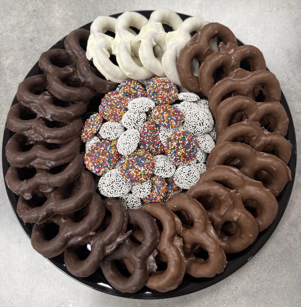Pretzels and Nonpareils Tray (C) $40. Includes 24 Pretzels and 1 lb Nonpareils (Milk and Dark Chocolate). *No shipping. Pickup and delivery only.
