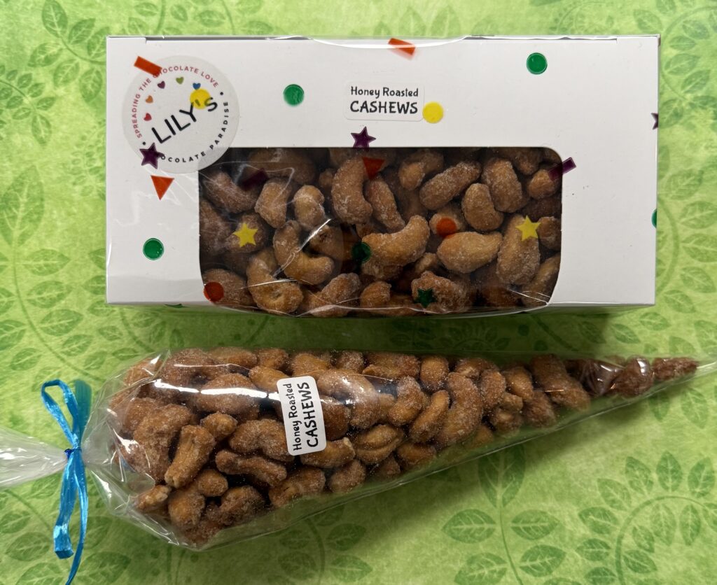 Honey Roasted Cashews Cone $6 or 1 lb Box $15